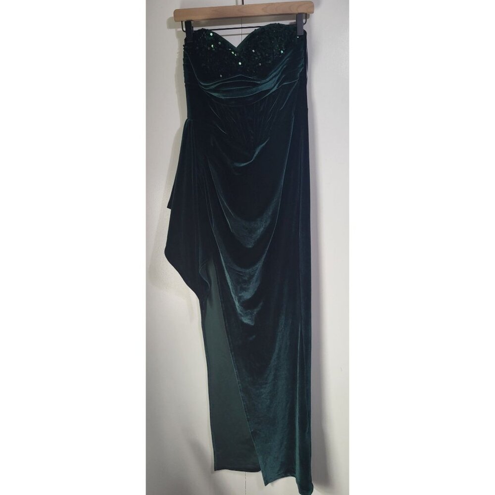 Women's LG Emerald Green Velvet Strapless Dress High Slit Sequins Mermaid Corset - Picture 2 of 10